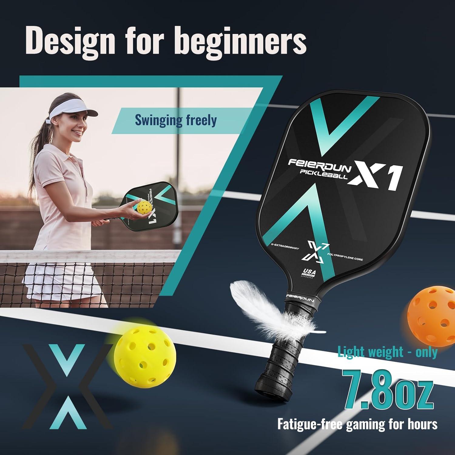 FEIERDUN Pickleball Paddle Set of 2 for Beginners – Lightweight, USAPA Approved Pickleball Rackets with Polymer Honeycomb Core and Fiberglass Surface, 4 Balls & Bag Included