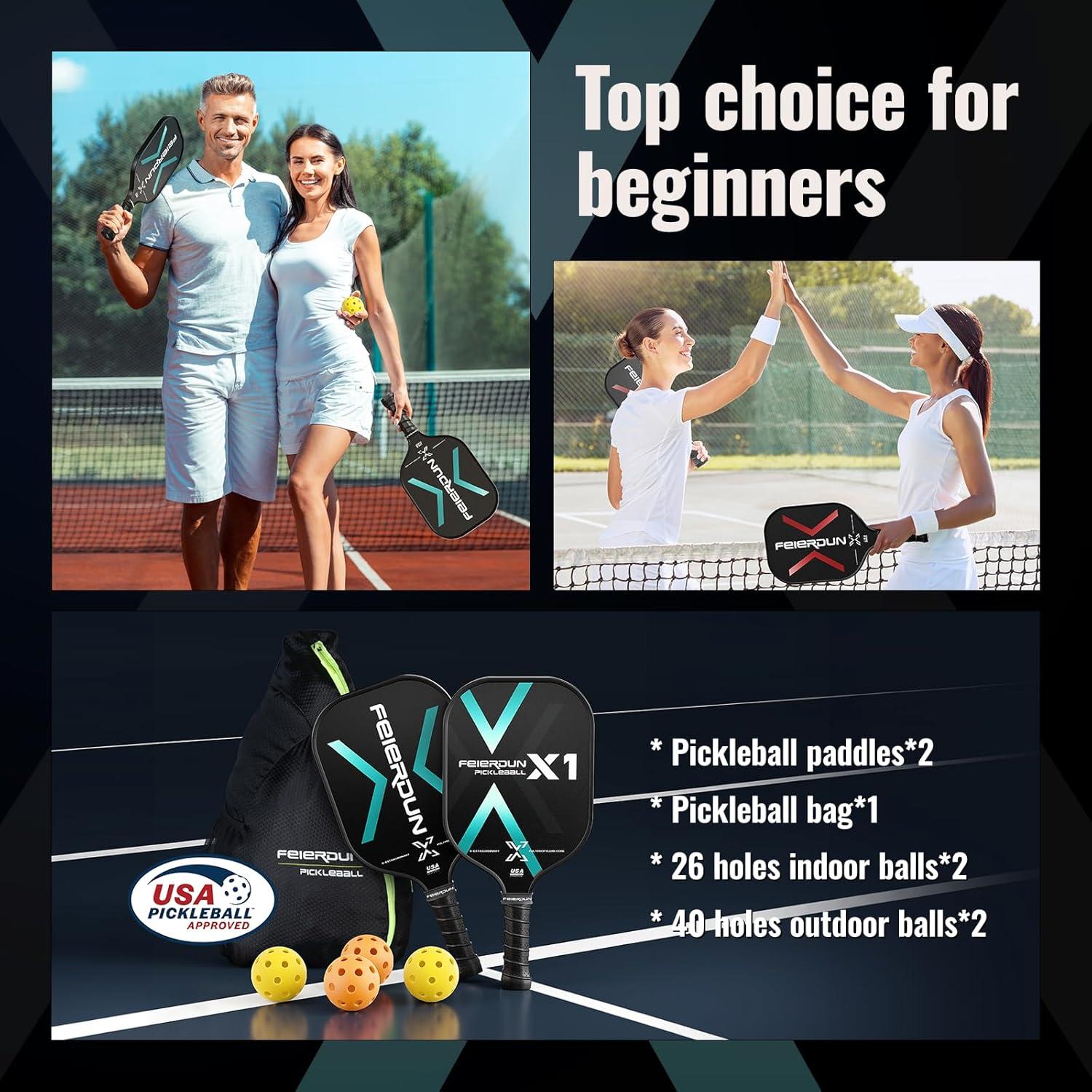 FEIERDUN Pickleball Paddle Set of 2 for Beginners – Lightweight, USAPA Approved Pickleball Rackets with Polymer Honeycomb Core and Fiberglass Surface, 4 Balls & Bag Included