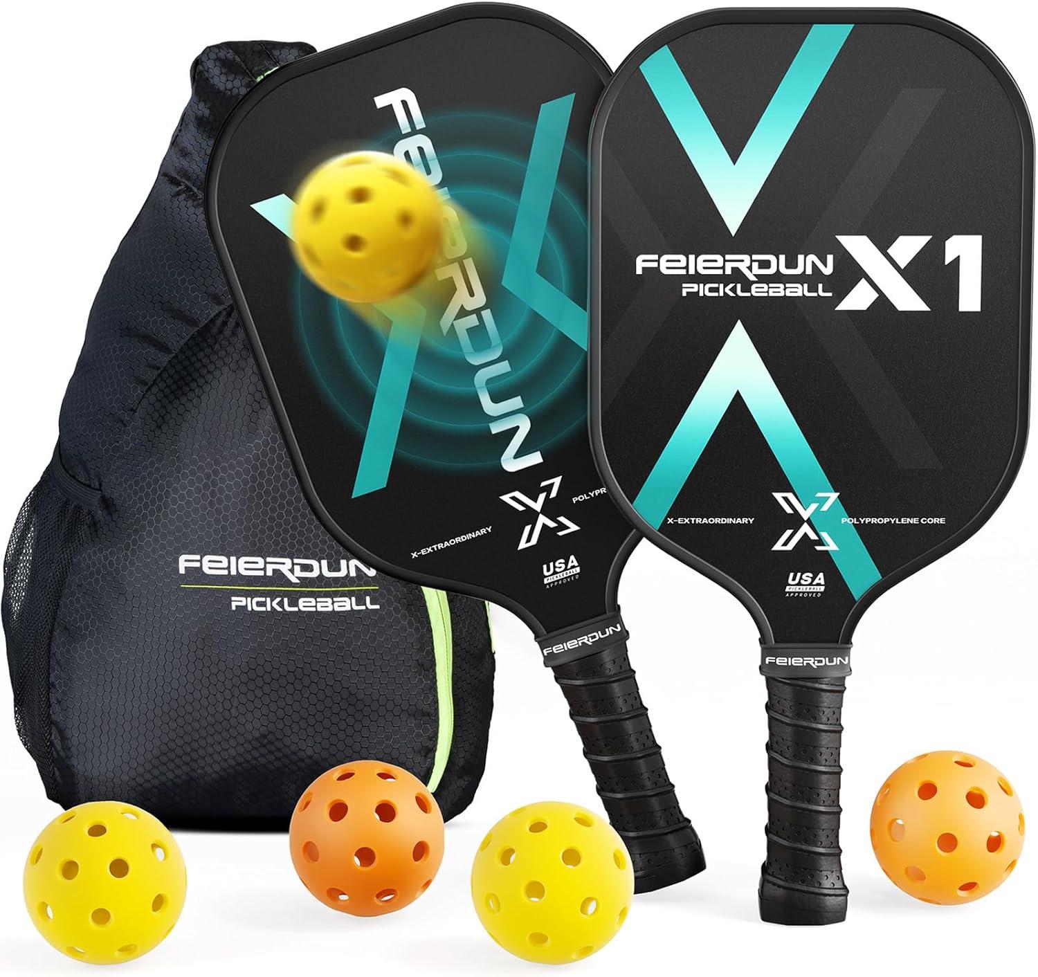 FEIERDUN Pickleball Paddle Set of 2 for Beginners – Lightweight, USAPA Approved Pickleball Rackets with Polymer Honeycomb Core and Fiberglass Surface, 4 Balls & Bag Included