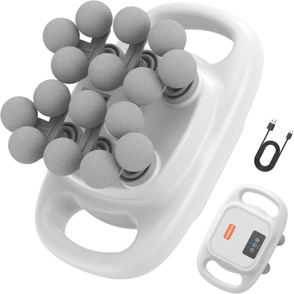 FEIERDUN 16-Head Massage Gun Set, Deep Tissue Percussion Massager with 8 Modes & 50 Intensities, Portable Quiet Muscle Massage Gun for Legs, Waist, Back, Neck, Buttocks Muscles Pain Relief, White(Gray)