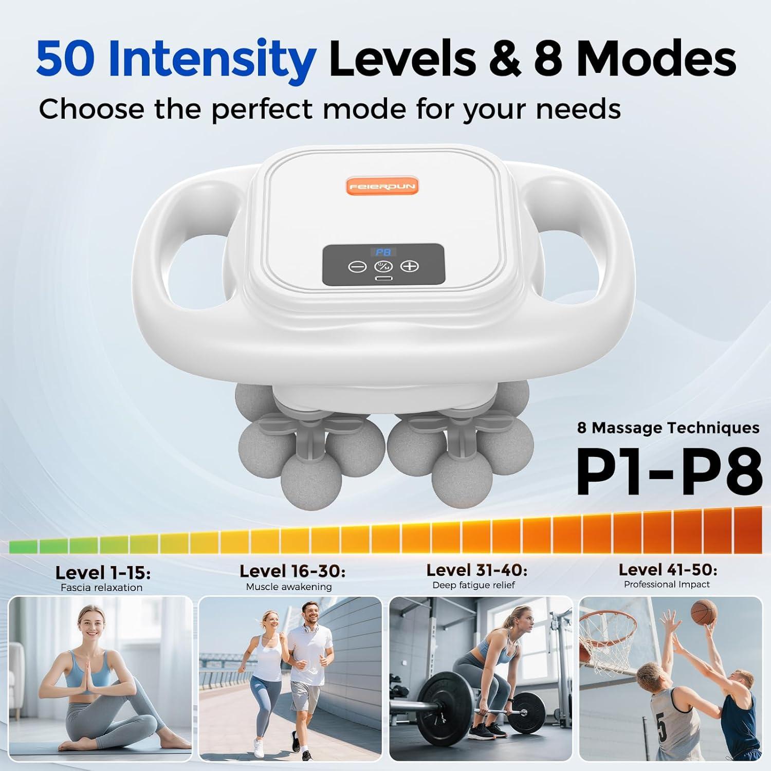 FEIERDUN 16-Head Massage Gun Set, Deep Tissue Percussion Massager with 8 Modes & 50 Intensities, Portable Quiet Muscle Massage Gun for Legs, Waist, Back, Neck, Buttocks Muscles Pain Relief, White(Gray)