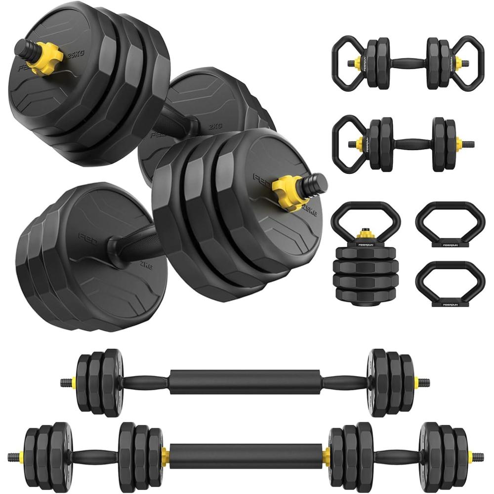 FEIERDUN Adjustable Dumbbells, 20/30/40/45/70/90lbs Free Weight Set with Connector, 5 in1 Dumbbells Set Used as Barbell, Kettlebells, Push up Stand, Weight Plate, Fitness Exercises for Home Gym Suitable Men/Women(H.48LB(24LB Pair))