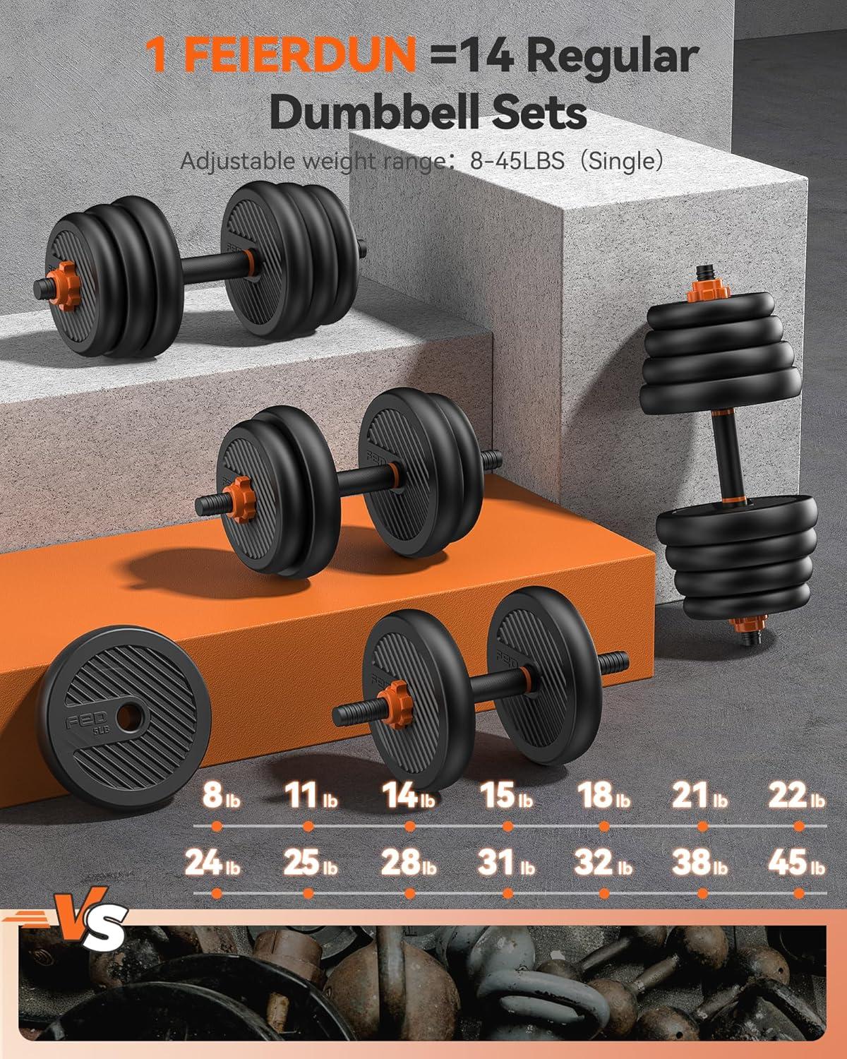FEIERDUN DS2 Adjustable Dumbbells, 20/30/40/45/70/90lbs Free Weight Set with Connector, 5 in1 Dumbbells Set Used as Barbell, Kettlebells, Push up Stand, Weight Plate, Fitness Exercises for Home Gym Suitable Men/Women(F.90LB(45LB Pair))