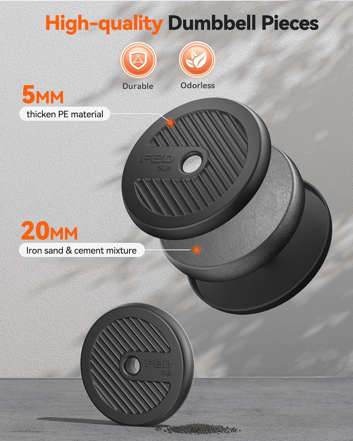 FEIERDUN DS2 Adjustable Dumbbells, 20/30/40/45/70/90lbs Free Weight Set with Connector, 5 in1 Dumbbells Set Used as Barbell, Kettlebells, Push up Stand, Weight Plate, Fitness Exercises for Home Gym Suitable Men/Women(F.90LB(45LB Pair))