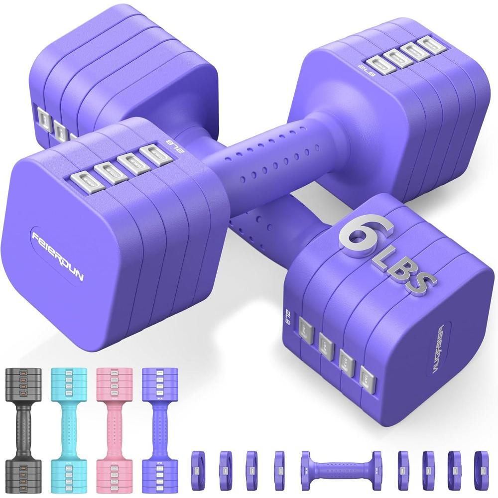 FEIERDUN 5-in-1 Adjustable Dumbbell Set of 2, 12LBS/20LBS Hand Weights for Women, Men, 1s-Adjust Dual-Stable Dumbbell Set for Women Home Gym & Outdoor(D-Vivid Purple)