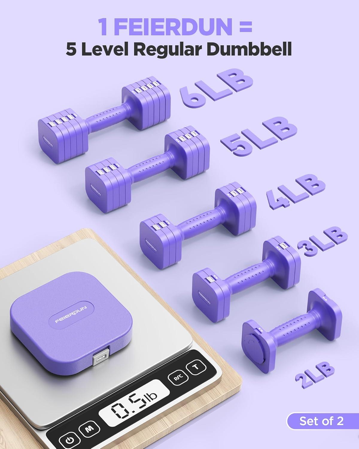 FEIERDUN 5-in-1 Adjustable Dumbbell Set of 2, 12LBS/20LBS Hand Weights for Women, Men, 1s-Adjust Dual-Stable Dumbbell Set for Women Home Gym & Outdoor(D-Vivid Purple)