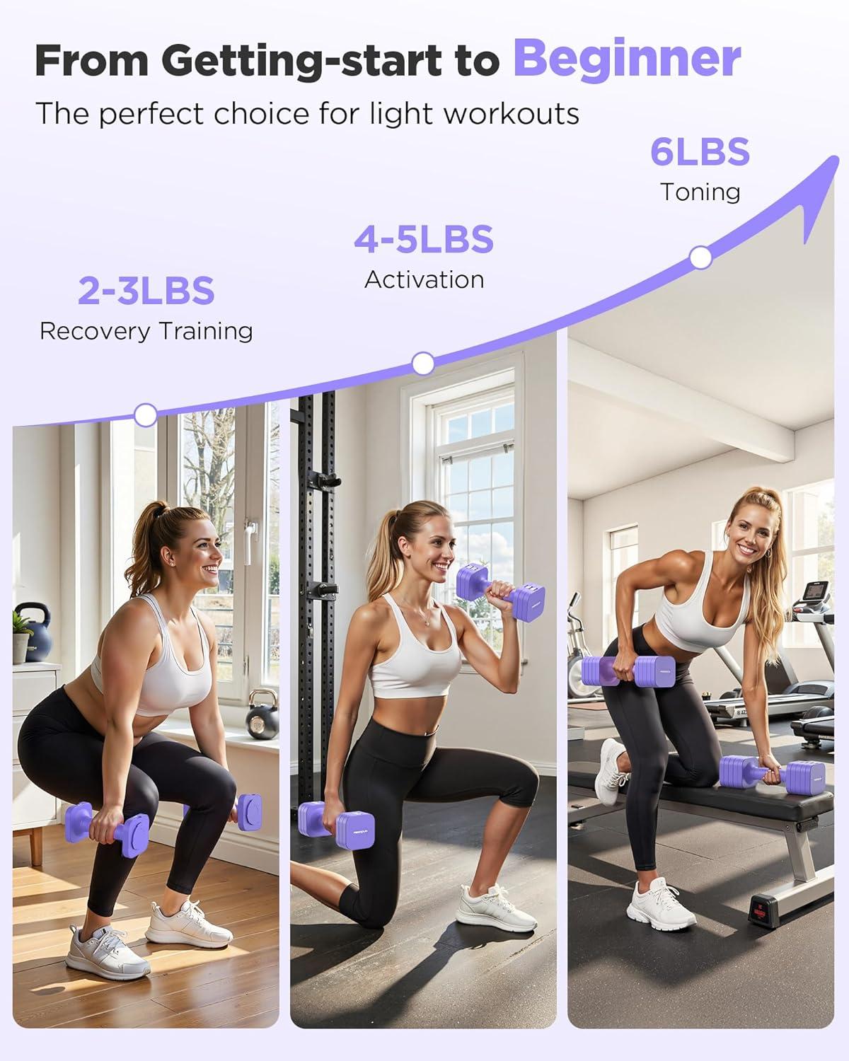 FEIERDUN 5-in-1 Adjustable Dumbbell Set of 2, 12LBS/20LBS Hand Weights for Women, Men, 1s-Adjust Dual-Stable Dumbbell Set for Women Home Gym & Outdoor(D-Vivid Purple)