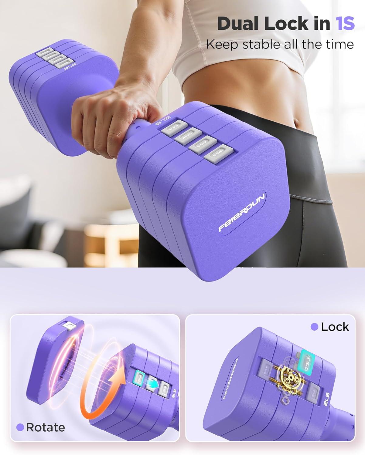 FEIERDUN 5-in-1 Adjustable Dumbbell Set of 2, 12LBS/20LBS Hand Weights for Women, Men, 1s-Adjust Dual-Stable Dumbbell Set for Women Home Gym & Outdoor(D-Vivid Purple)