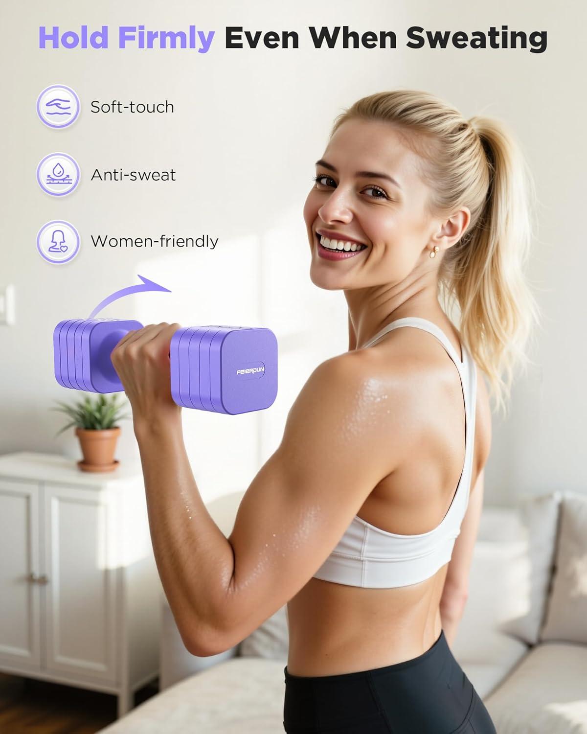 FEIERDUN 5-in-1 Adjustable Dumbbell Set of 2, 12LBS/20LBS Hand Weights for Women, Men, 1s-Adjust Dual-Stable Dumbbell Set for Women Home Gym & Outdoor(D-Vivid Purple)