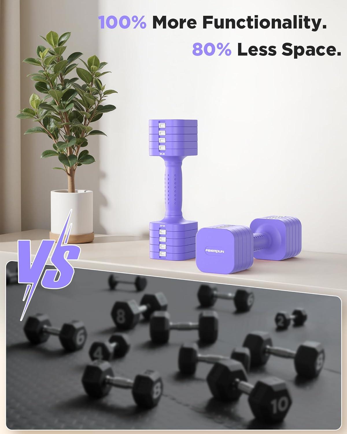 FEIERDUN 5-in-1 Adjustable Dumbbell Set of 2, 12LBS/20LBS Hand Weights for Women, Men, 1s-Adjust Dual-Stable Dumbbell Set for Women Home Gym & Outdoor(D-Vivid Purple)