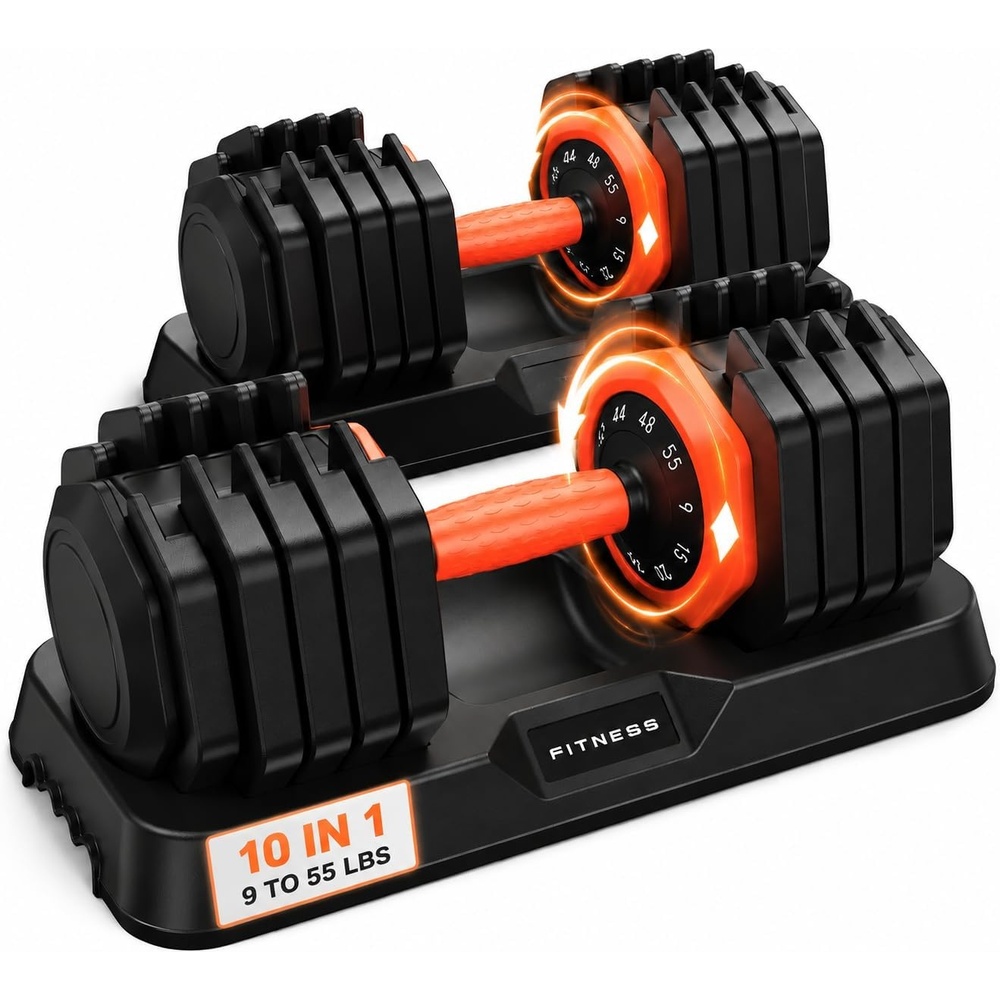 FEIERDUN DB1 QuickDial Adjustable Dumbbell Set, Adjustable Free Weights with Storage Box, 110lb/105lb/50lbs Quick Change for Drop Set, Non-Slip Handles, Weight Set For Home Gym Suit both Men and Women(10 Weights-110LB Total(55lb Pair))