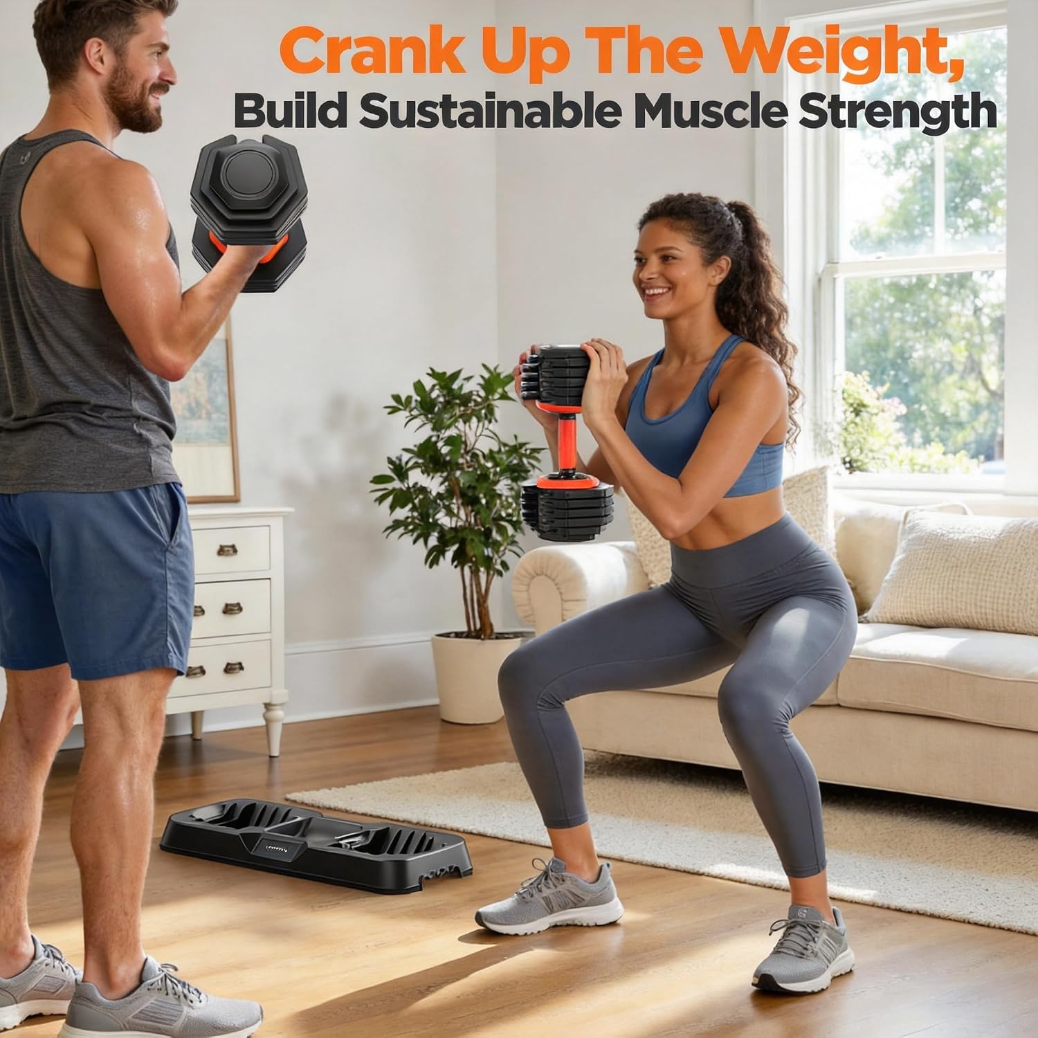 FEIERDUN DB1 QuickDial Adjustable Dumbbell Set, Adjustable Free Weights with Storage Box, 110lb/105lb/50lbs Quick Change for Drop Set, Non-Slip Handles, Weight Set For Home Gym Suit both Men and Women(10 Weights-110LB Total(55lb Pair))