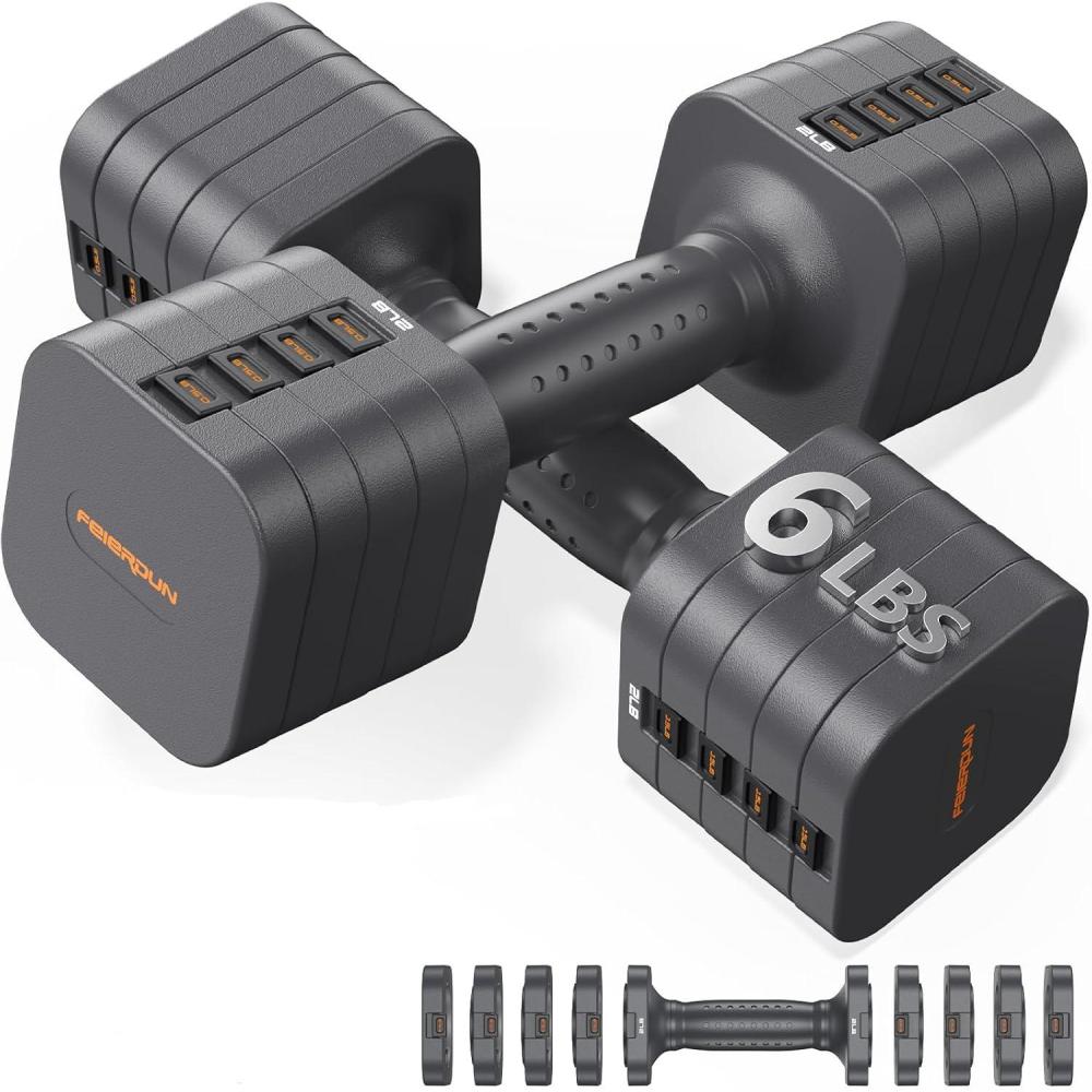 FEIERDUN 5-in-1 Adjustable Dumbbell Set of 2, 12LBS/20LBS Hand Weights for Women, Men, 1s-Adjust Dual-Stable Dumbbell Set for Women Home Gym & Outdoor(A-Strength Grey)