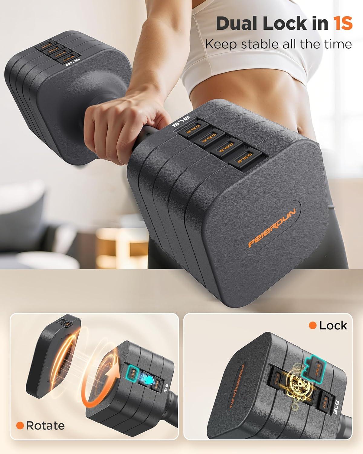 FEIERDUN 5-in-1 Adjustable Dumbbell Set of 2, 12LBS/20LBS Hand Weights for Women, Men, 1s-Adjust Dual-Stable Dumbbell Set for Women Home Gym & Outdoor(A-Strength Grey)