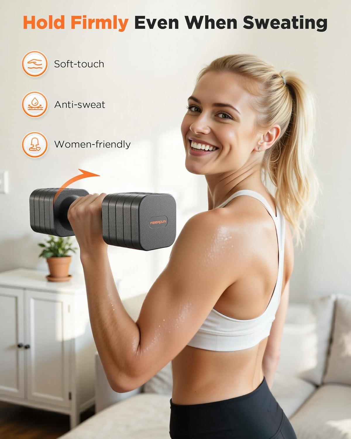 FEIERDUN 5-in-1 Adjustable Dumbbell Set of 2, 12LBS/20LBS Hand Weights for Women, Men, 1s-Adjust Dual-Stable Dumbbell Set for Women Home Gym & Outdoor(A-Strength Grey)