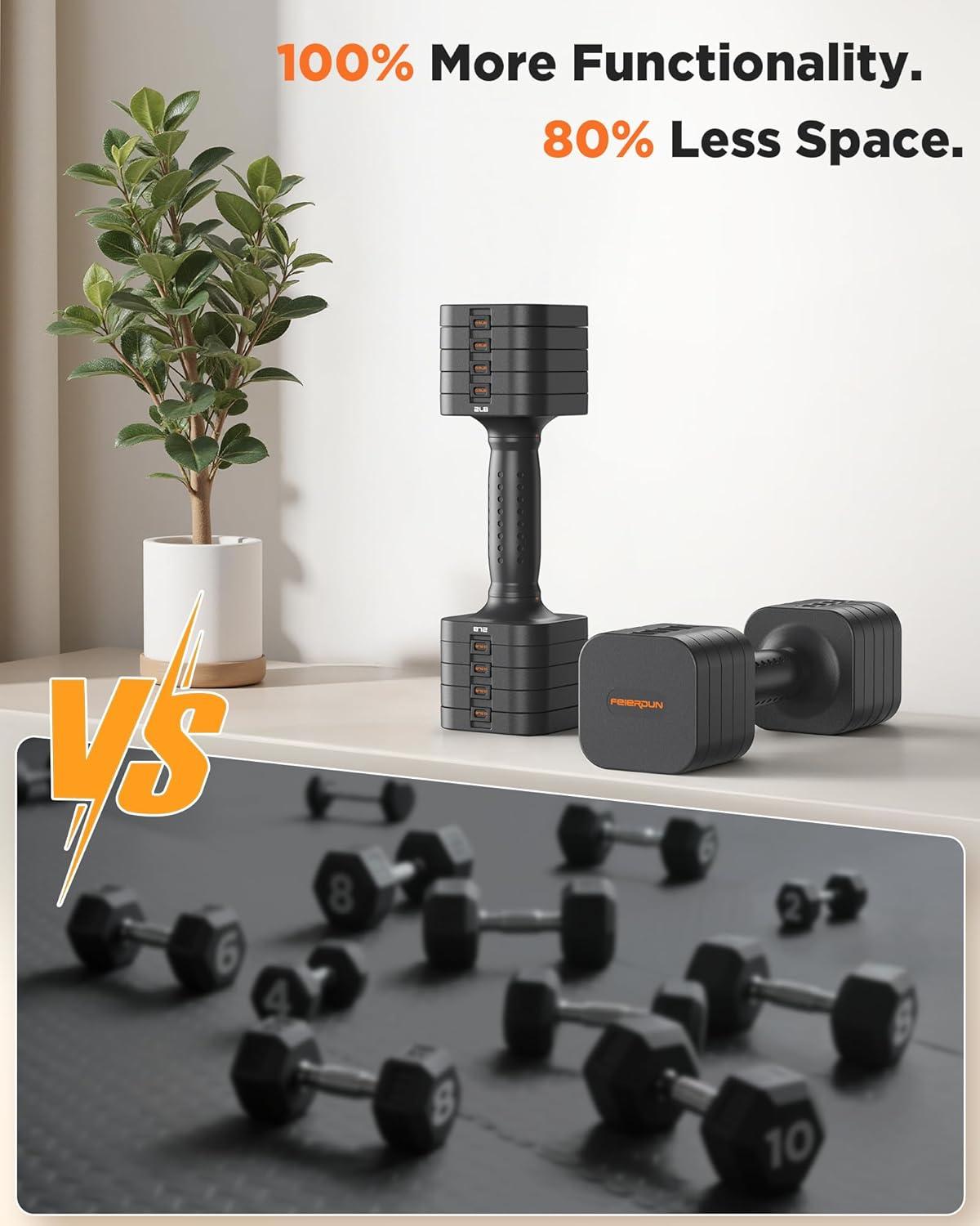 FEIERDUN 5-in-1 Adjustable Dumbbell Set of 2, 12LBS/20LBS Hand Weights for Women, Men, 1s-Adjust Dual-Stable Dumbbell Set for Women Home Gym & Outdoor(A-Strength Grey)