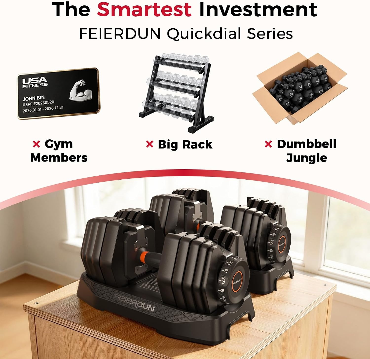 FEIERDUN DB1 QuickDial Adjustable Dumbbell Set, Adjustable Free Weights with Storage Box, 110lb/105lb/50lbs Quick Change for Drop Set, Non-Slip Handles, Weight Set For Home Gym Suit both Men and Women(Hot-105 Total (52.5 Pair))