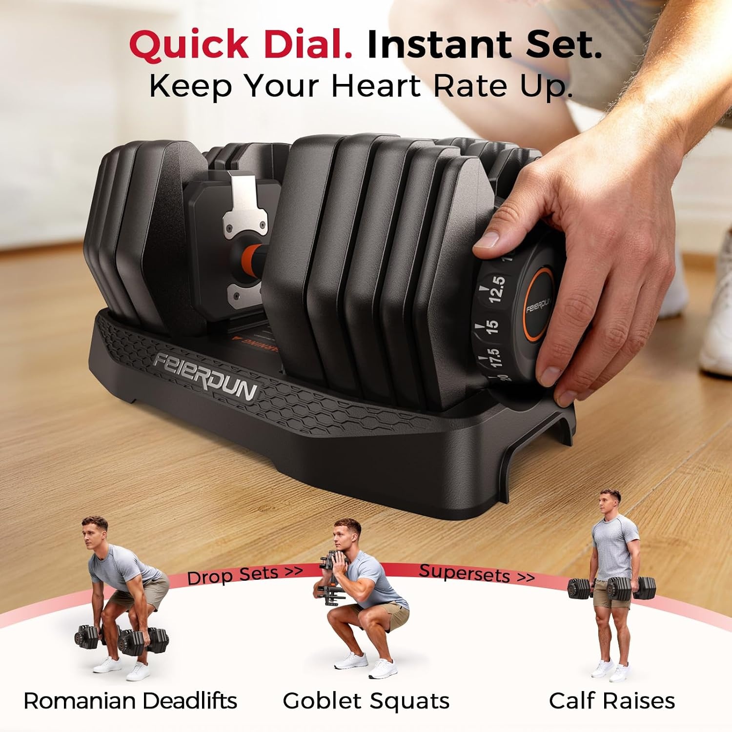 FEIERDUN DB1 QuickDial Adjustable Dumbbell Set, Adjustable Free Weights with Storage Box, 110lb/105lb/50lbs Quick Change for Drop Set, Non-Slip Handles, Weight Set For Home Gym Suit both Men and Women(Hot-105 Total (52.5 Pair))