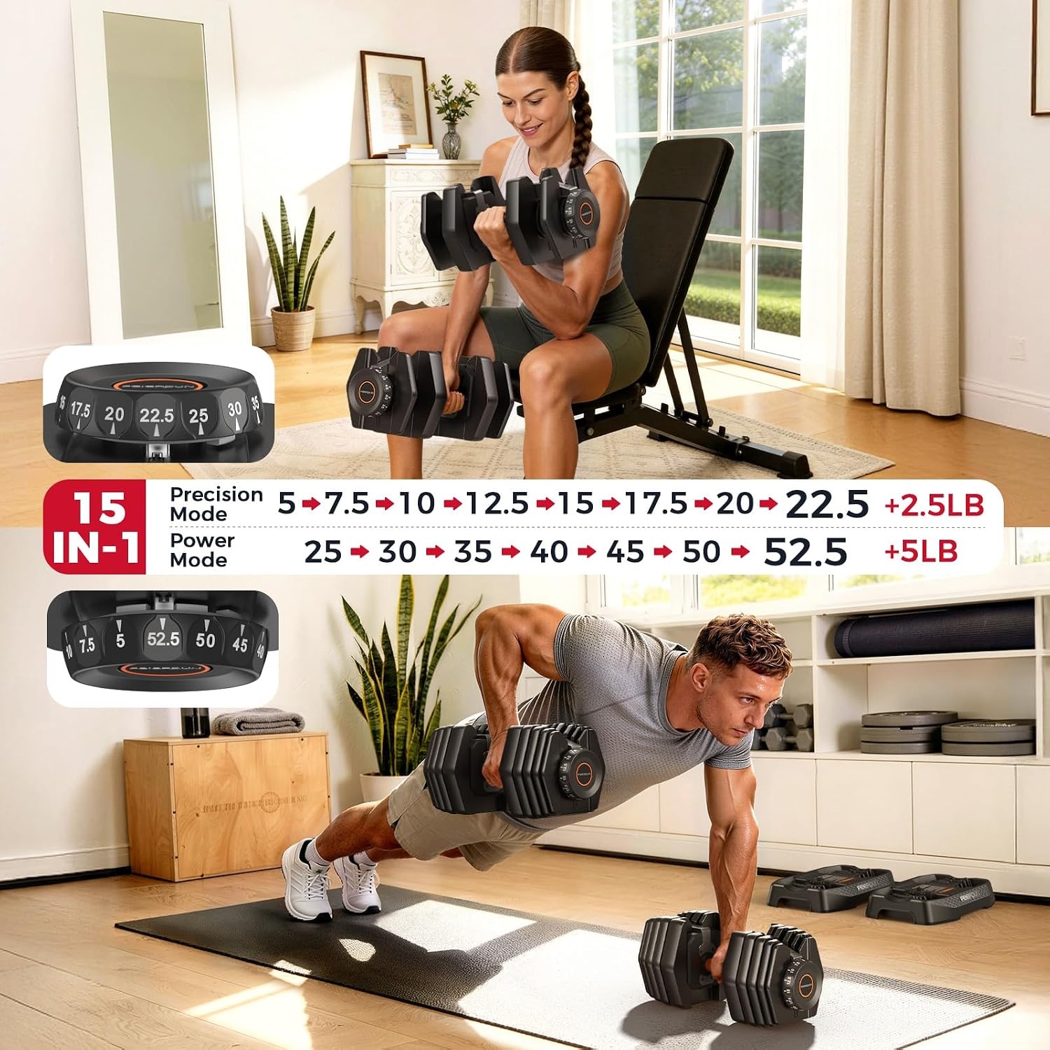 FEIERDUN DB1 QuickDial Adjustable Dumbbell Set, Adjustable Free Weights with Storage Box, 110lb/105lb/50lbs Quick Change for Drop Set, Non-Slip Handles, Weight Set For Home Gym Suit both Men and Women(Hot-105 Total (52.5 Pair))