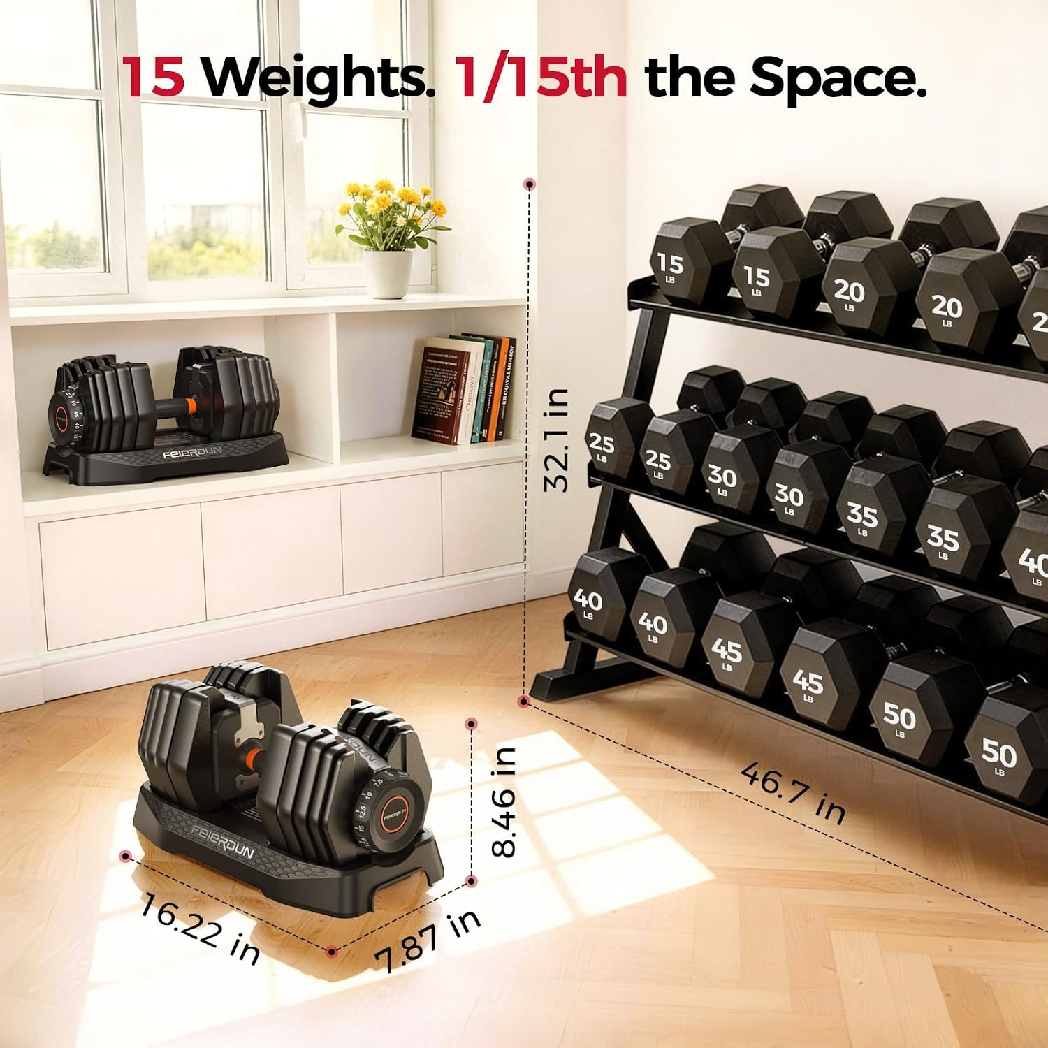FEIERDUN DB1 QuickDial Adjustable Dumbbell Set, Adjustable Free Weights with Storage Box, 110lb/105lb/50lbs Quick Change for Drop Set, Non-Slip Handles, Weight Set For Home Gym Suit both Men and Women(Hot-105 Total (52.5 Pair))