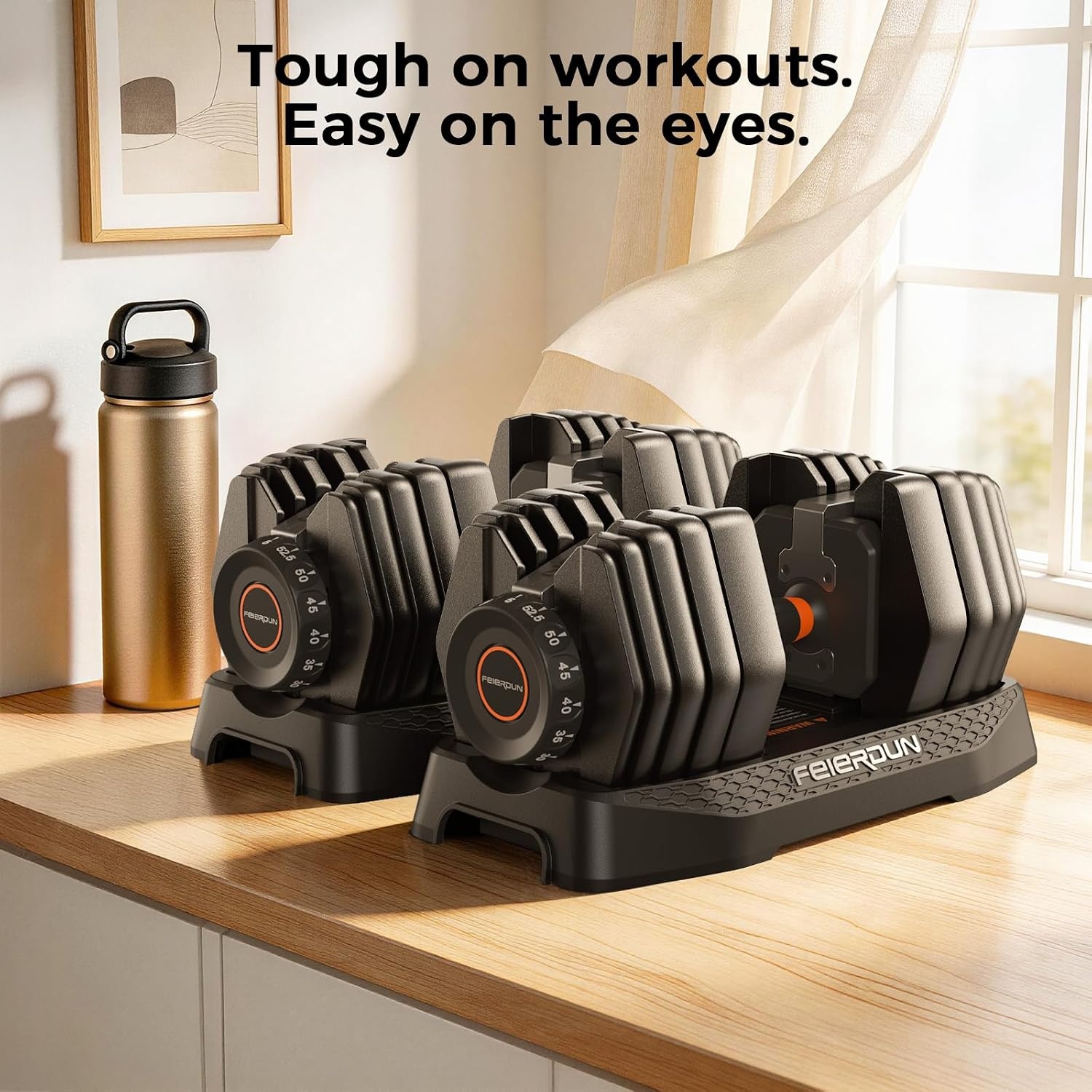 FEIERDUN DB1 QuickDial Adjustable Dumbbell Set, Adjustable Free Weights with Storage Box, 110lb/105lb/50lbs Quick Change for Drop Set, Non-Slip Handles, Weight Set For Home Gym Suit both Men and Women(Hot-105 Total (52.5 Pair))
