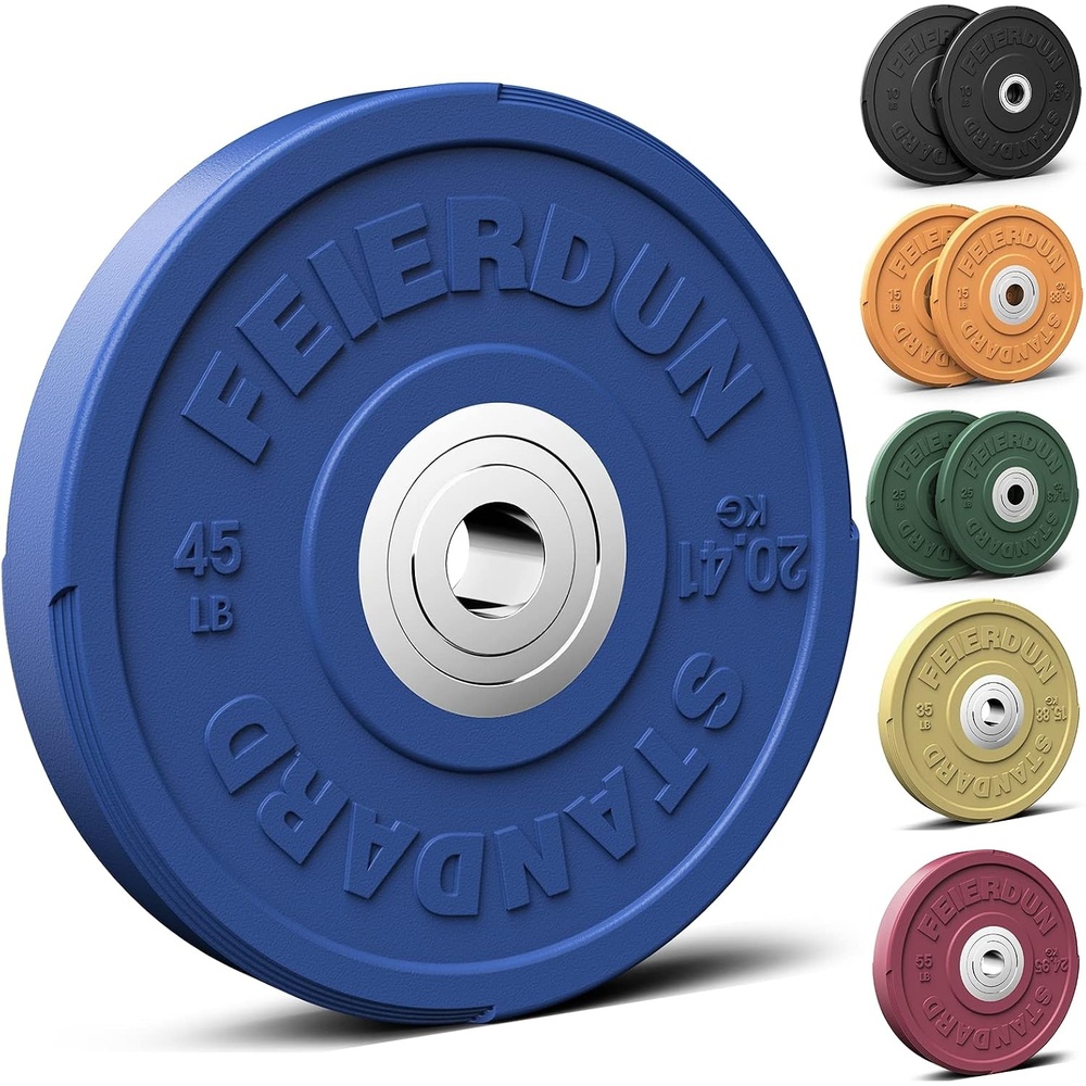 FEIERDUN Color Bumper Plate Set, 2-Inch Olympic Weight Plates, Low Bounce Rubber Barbell Plates with Stainless Steel Insert for Weightlifting, Strength Training, CrossFit & Home Gym, 10LB-370LB(E) 45LBS Single)