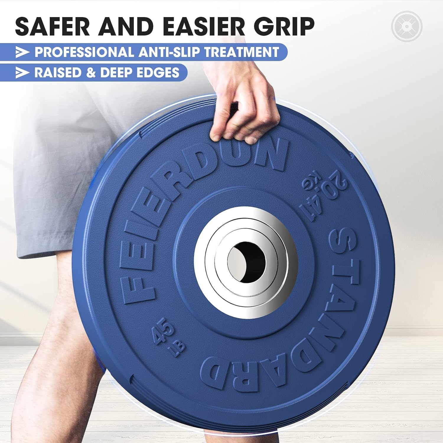 FEIERDUN Color Bumper Plate Set, 2-Inch Olympic Weight Plates, Low Bounce Rubber Barbell Plates with Stainless Steel Insert for Weightlifting, Strength Training, CrossFit & Home Gym, 10LB-370LB(E) 45LBS Single)