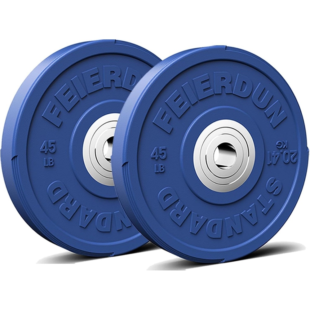 FEIERDUN Color Bumper Plate Set, 2-Inch Olympic Weight Plates, Low Bounce Rubber Barbell Plates with Stainless Steel Insert for Weightlifting, Strength Training, CrossFit & Home Gym, 10LB-370LB(G) 90LBS SET)