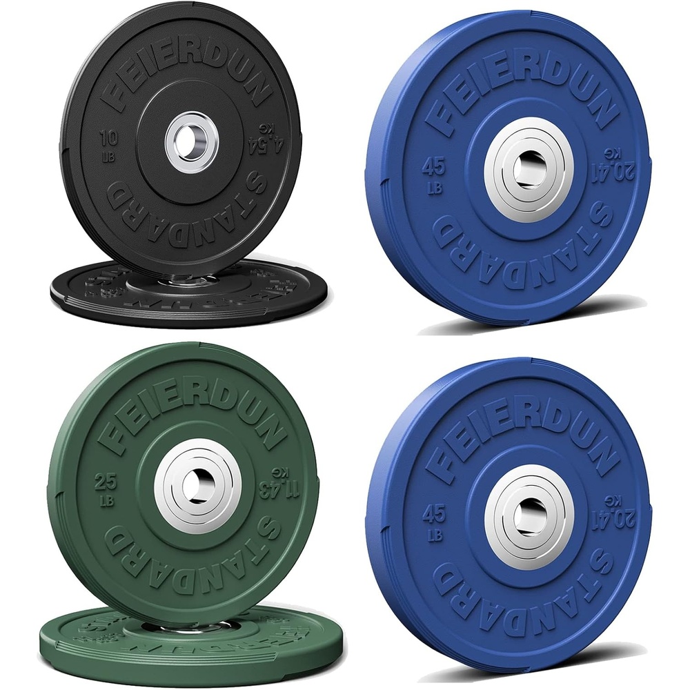 FEIERDUN Color Bumper Plate Set, 2-Inch Olympic Weight Plates, Low Bounce Rubber Barbell Plates with Stainless Steel Insert for Weightlifting, Strength Training, CrossFit & Home Gym, 10LB-370LB(J) 160LBS SET)