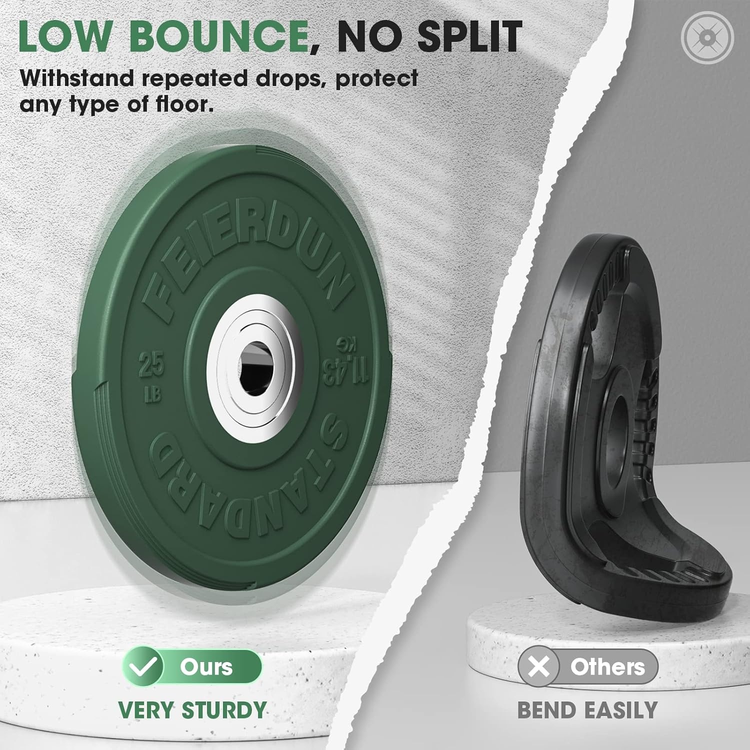 FEIERDUN Color Bumper Plate Set, 2-Inch Olympic Weight Plates, Low Bounce Rubber Barbell Plates with Stainless Steel Insert for Weightlifting, Strength Training, CrossFit & Home Gym, 10LB-370LB(C) 25LBS Pair)