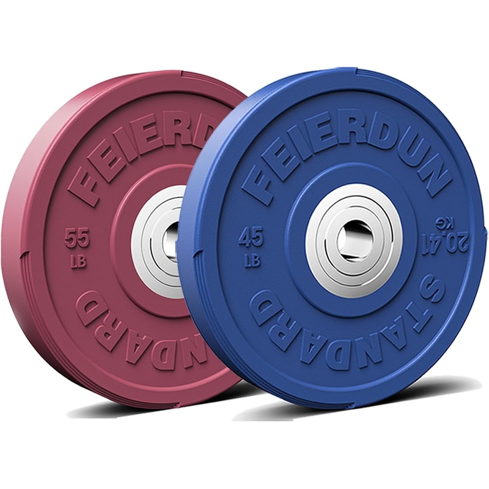 FEIERDUN Color Bumper Plate Set, 2-Inch Olympic Weight Plates, Low Bounce Rubber Barbell Plates with Stainless Steel Insert for Weightlifting, Strength Training, CrossFit & Home Gym, 10LB-370LB(H) 100LBS NEW SET)