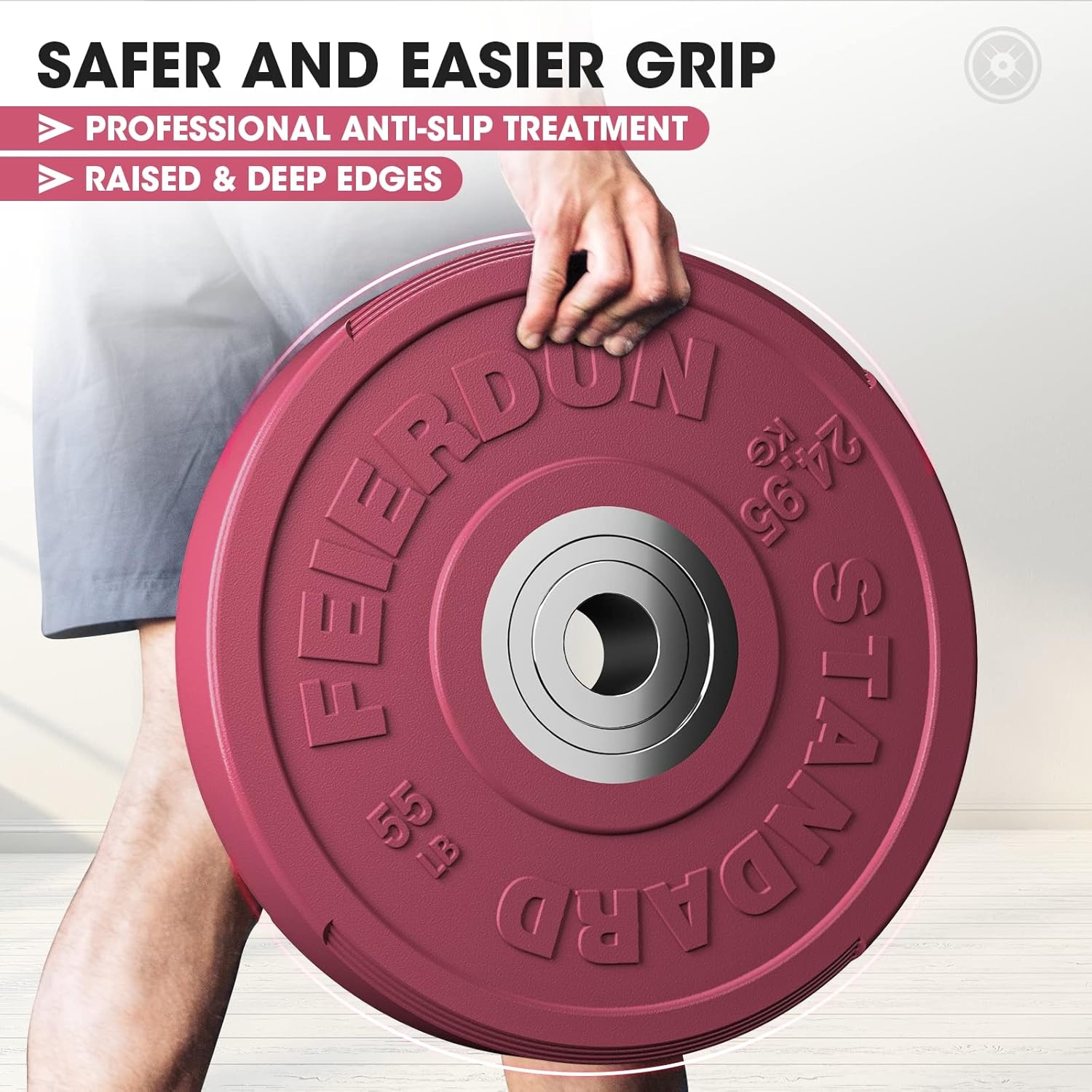 FEIERDUN Color Bumper Plate Set, 2-Inch Olympic Weight Plates, Low Bounce Rubber Barbell Plates with Stainless Steel Insert for Weightlifting, Strength Training, CrossFit & Home Gym, 10LB-370LB(H) 100LBS NEW SET)