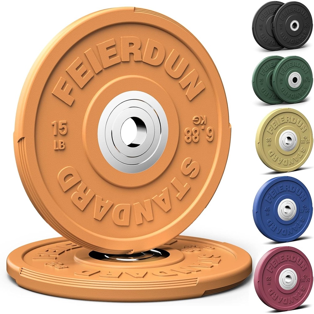 FEIERDUN Color Bumper Plate Set, 2-Inch Olympic Weight Plates, Low Bounce Rubber Barbell Plates with Stainless Steel Insert for Weightlifting, Strength Training, CrossFit & Home Gym, 10LB-370LB(B) 15LBS Pair)
