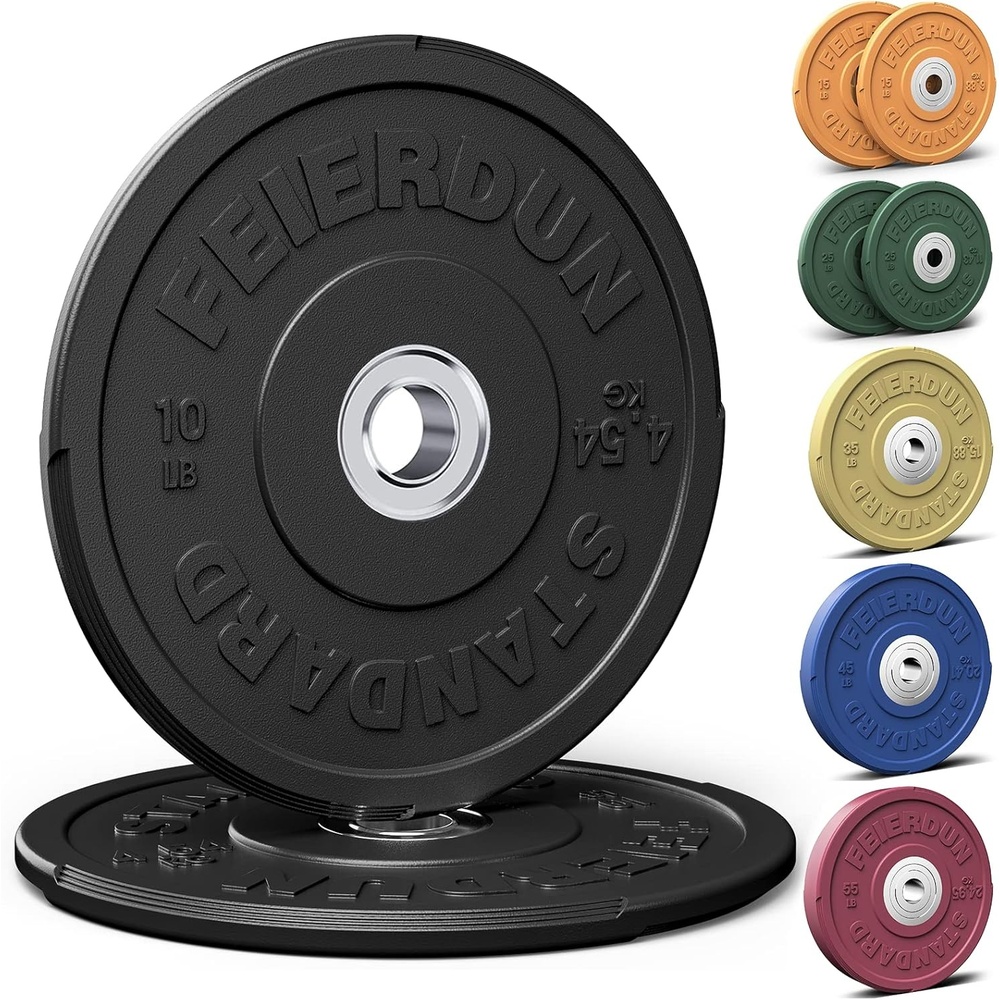 FEIERDUN Color Bumper Plate Set, 2-Inch Olympic Weight Plates, Low Bounce Rubber Barbell Plates with Stainless Steel Insert for Weightlifting, Strength Training, CrossFit & Home Gym, 10LB-370LB(A) 10LBS Pair)