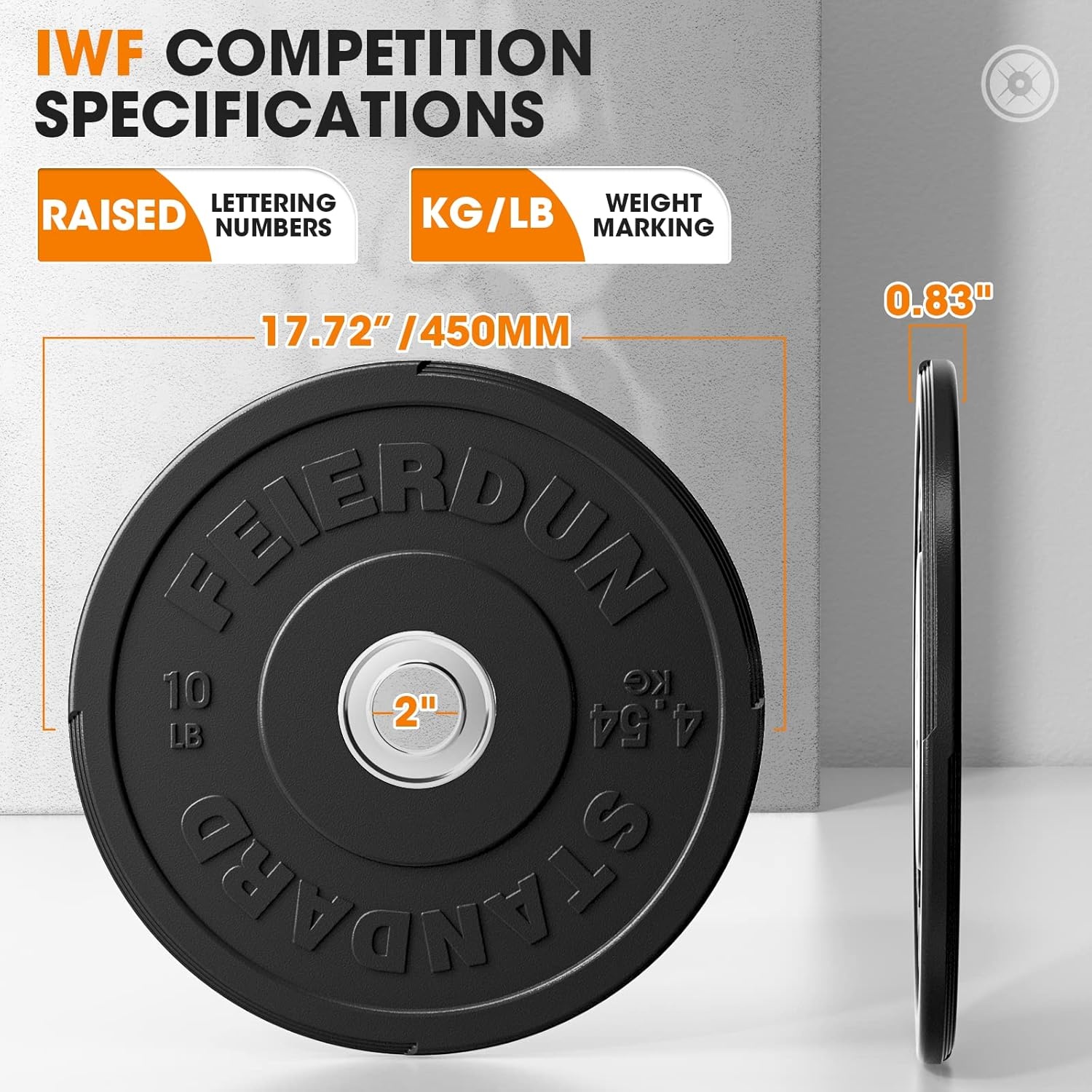 FEIERDUN Color Bumper Plate Set, 2-Inch Olympic Weight Plates, Low Bounce Rubber Barbell Plates with Stainless Steel Insert for Weightlifting, Strength Training, CrossFit & Home Gym, 10LB-370LB(A) 10LBS Pair)