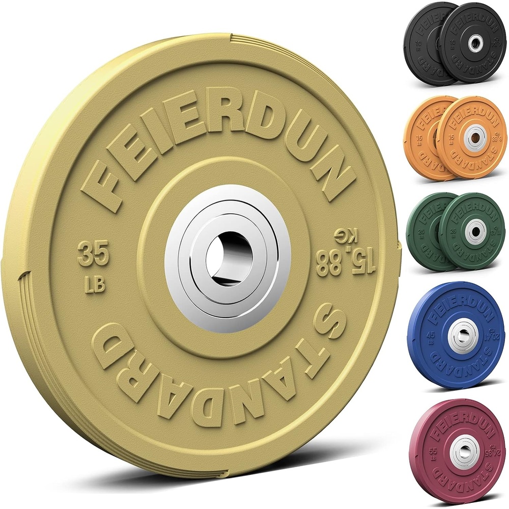 FEIERDUN Color Bumper Plate Set, 2-Inch Olympic Weight Plates, Low Bounce Rubber Barbell Plates with Stainless Steel Insert for Weightlifting, Strength Training, CrossFit & Home Gym, 10LB-370LB(D) 35LBS Single)