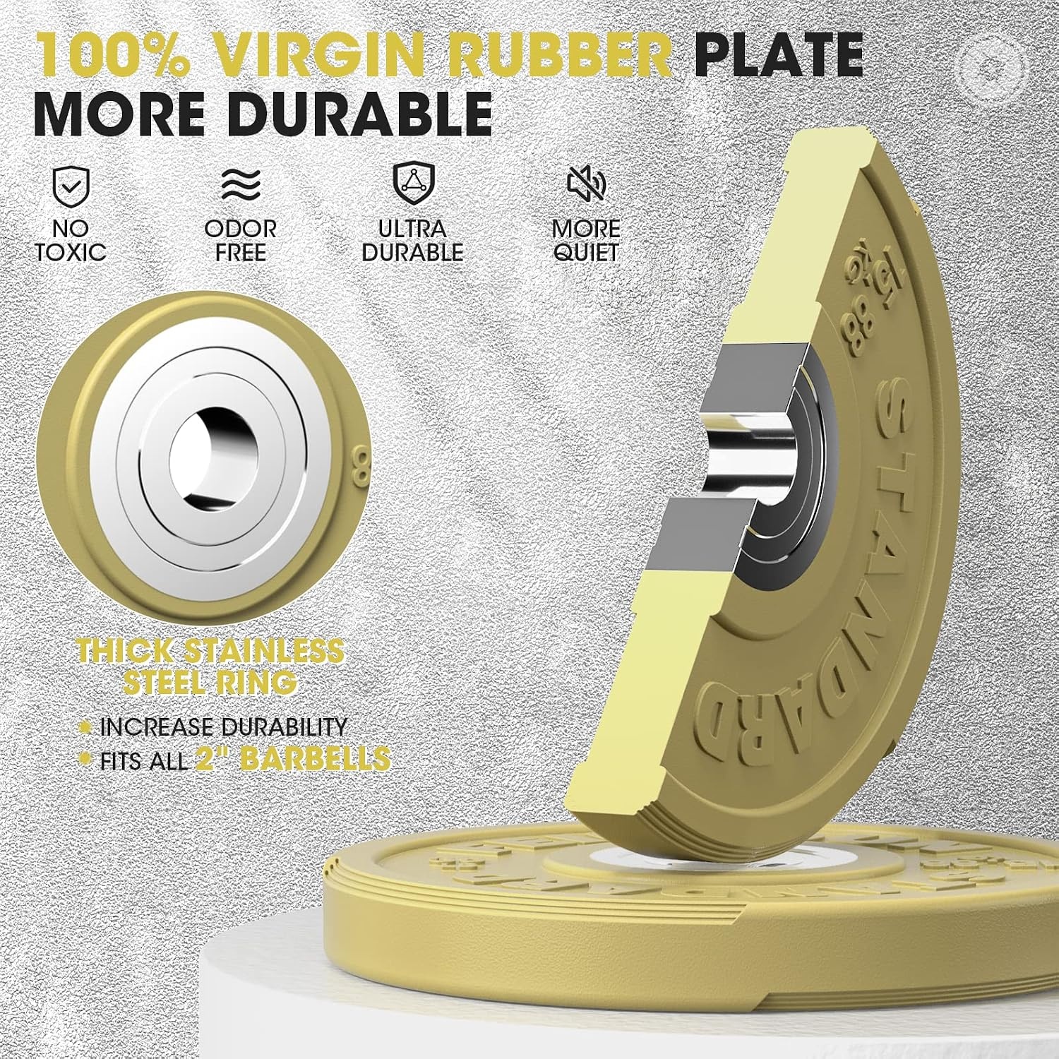 FEIERDUN Color Bumper Plate Set, 2-Inch Olympic Weight Plates, Low Bounce Rubber Barbell Plates with Stainless Steel Insert for Weightlifting, Strength Training, CrossFit & Home Gym, 10LB-370LB(D) 35LBS Single)