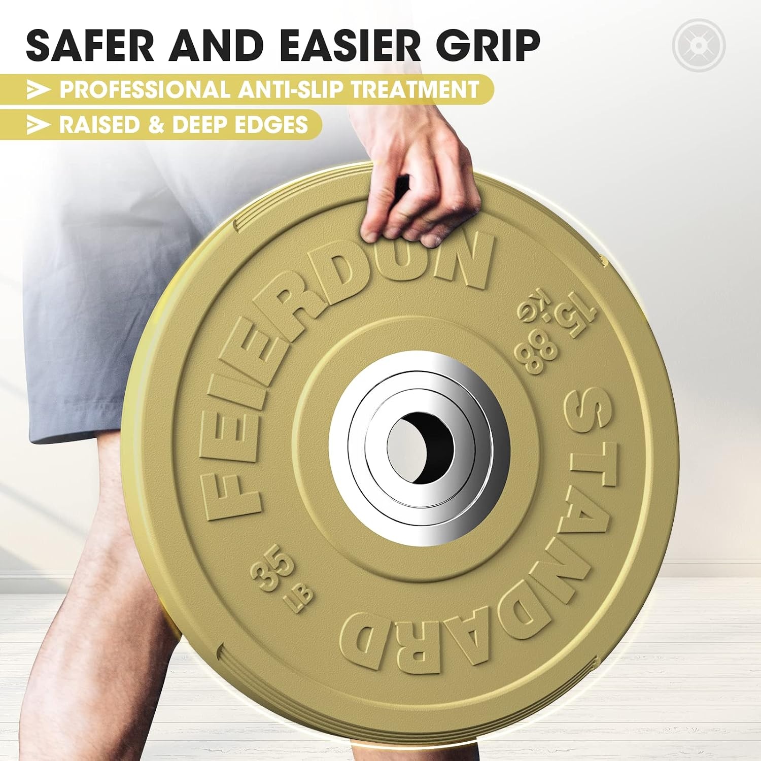 FEIERDUN Color Bumper Plate Set, 2-Inch Olympic Weight Plates, Low Bounce Rubber Barbell Plates with Stainless Steel Insert for Weightlifting, Strength Training, CrossFit & Home Gym, 10LB-370LB(D) 35LBS Single)