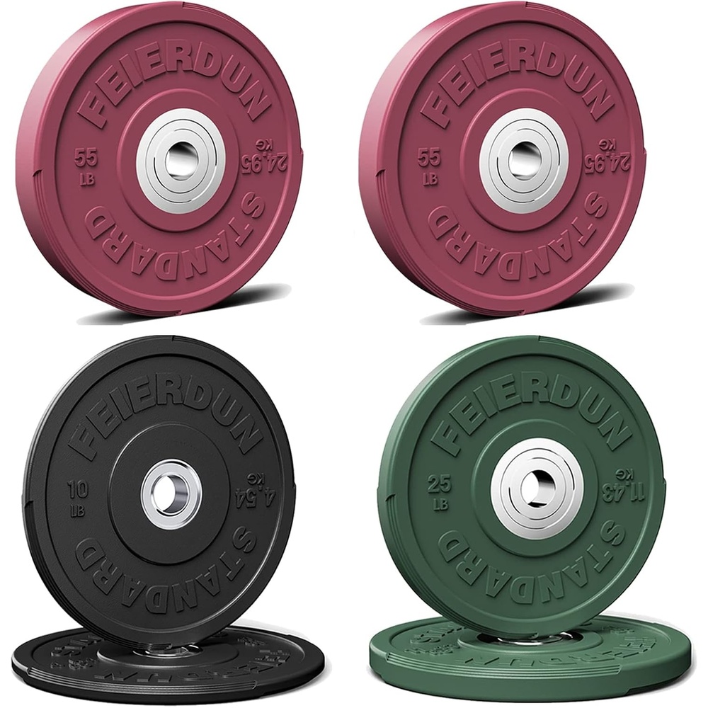 FEIERDUN Color Bumper Plate Set, 2-Inch Olympic Weight Plates, Low Bounce Rubber Barbell Plates with Stainless Steel Insert for Weightlifting, Strength Training, CrossFit & Home Gym, 10LB-370LB(L) 180LBS SET)