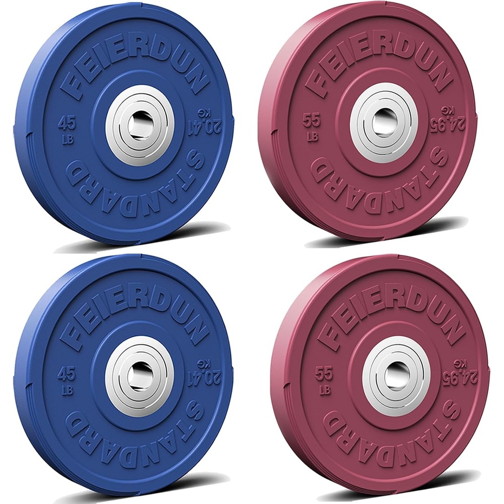 FEIERDUN Color Bumper Plate Set, 2-Inch Olympic Weight Plates, Low Bounce Rubber Barbell Plates with Stainless Steel Insert for Weightlifting, Strength Training, CrossFit & Home Gym, 10LB-370LB(F1) 200LBS SET)