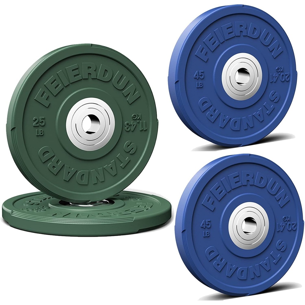FEIERDUN Color Bumper Plate Set, 2-Inch Olympic Weight Plates, Low Bounce Rubber Barbell Plates with Stainless Steel Insert for Weightlifting, Strength Training, CrossFit & Home Gym, 10LB-370LB(I) 140LBS SET)