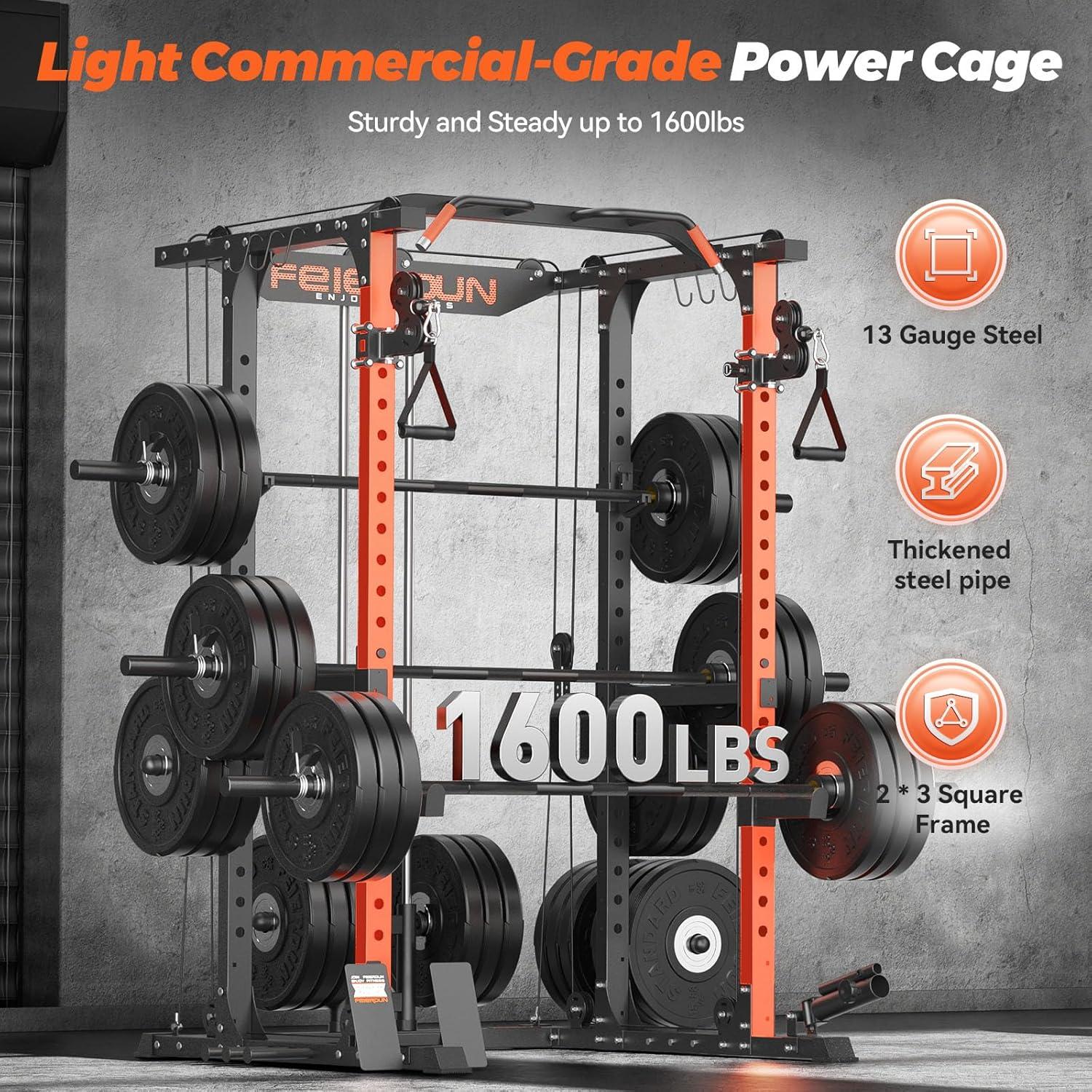 FEIERDUN FLA01 Power Cage Multi Function Squat Rack with Cable Crossover System,2000LBS Capacity with LAT Pulldown,10-in-1 Home Gym(01-Orange)