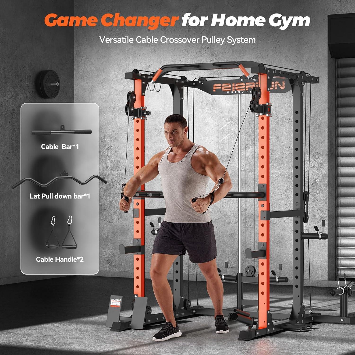 FEIERDUN FLA01 Power Cage Multi Function Squat Rack with Cable Crossover System,2000LBS Capacity with LAT Pulldown,10-in-1 Home Gym(01-Orange)