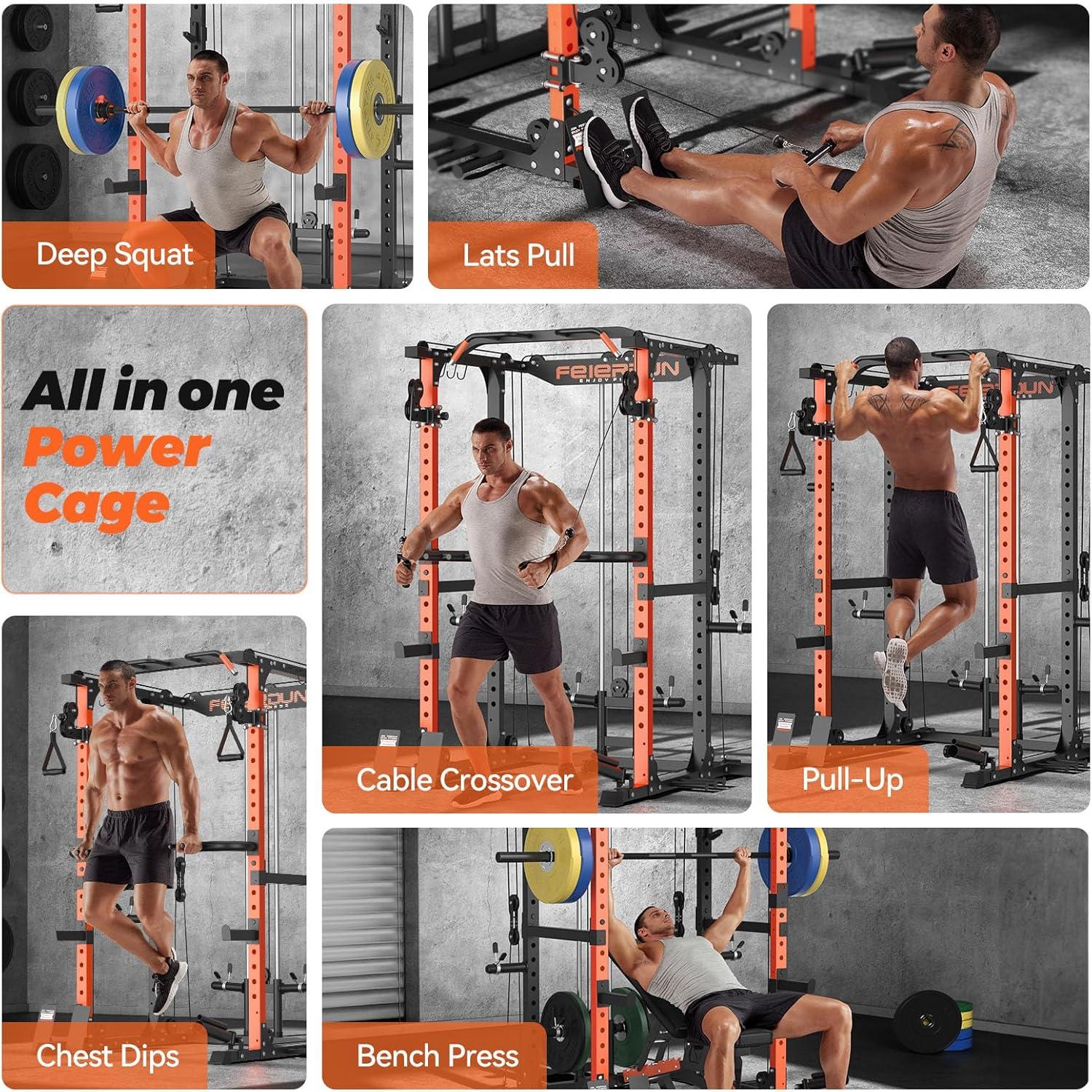 FEIERDUN FLA01 Power Cage Multi Function Squat Rack with Cable Crossover System,2000LBS Capacity with LAT Pulldown,10-in-1 Home Gym(01-Orange)