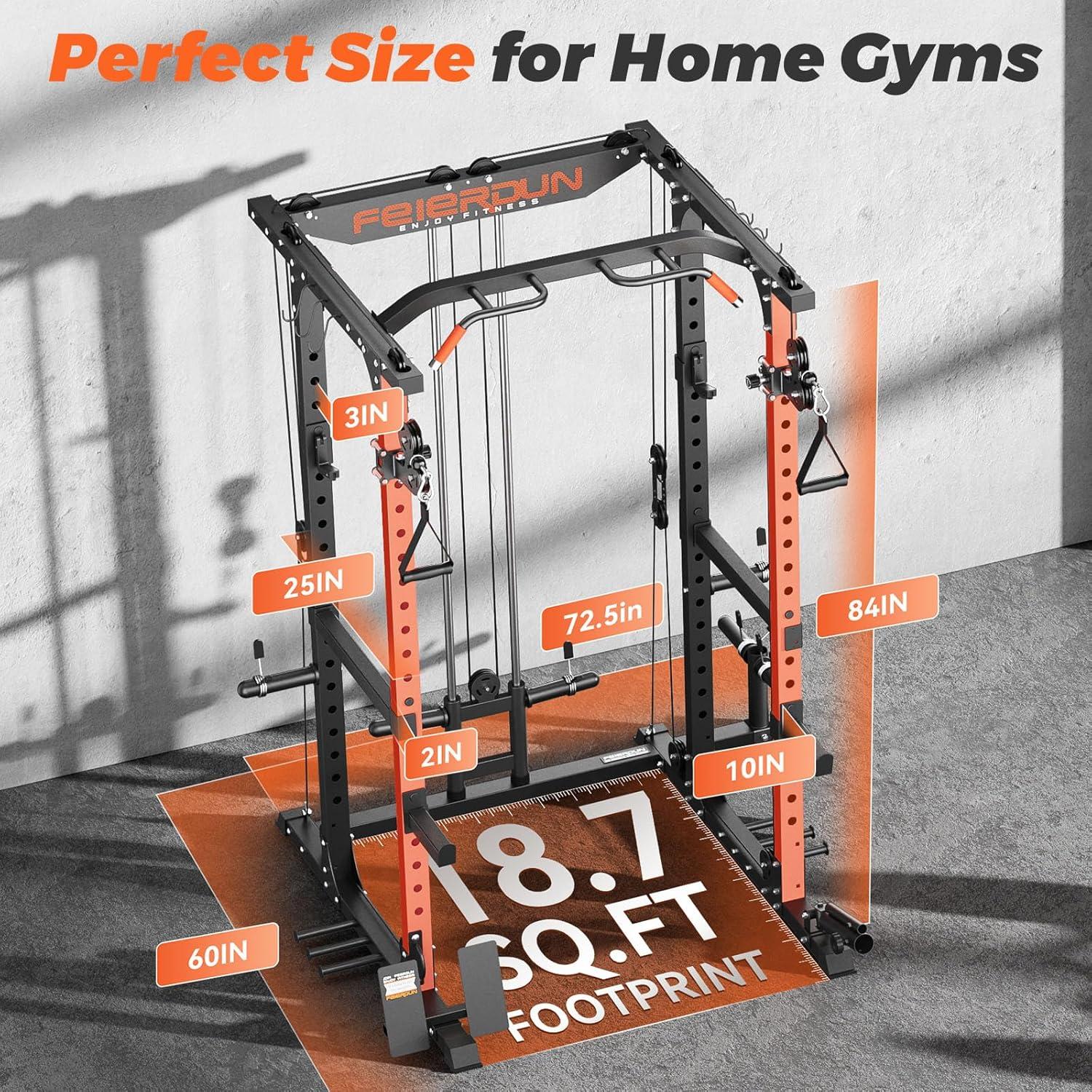 FEIERDUN FLA01 Power Cage Multi Function Squat Rack with Cable Crossover System,2000LBS Capacity with LAT Pulldown,10-in-1 Home Gym(01-Orange)