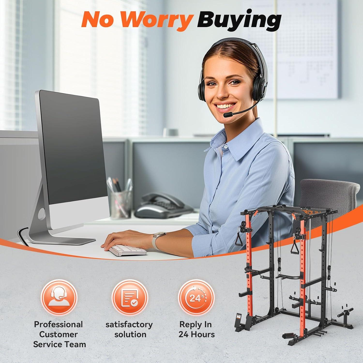 FEIERDUN FLA01 Power Cage Multi Function Squat Rack with Cable Crossover System,2000LBS Capacity with LAT Pulldown,10-in-1 Home Gym(01-Orange)