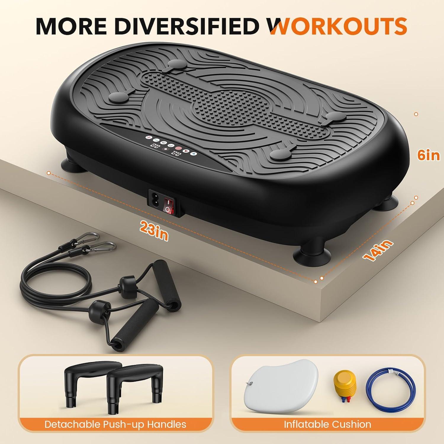 FEIERDUN Assisted Version 2 in 1 Vibration Plate, Whole Body Vibration Plate Exercise Machine for Lymphatic Drainage, with Inflatable Cushion, Push-up Handles, 2 Resistance Bands for Healthy