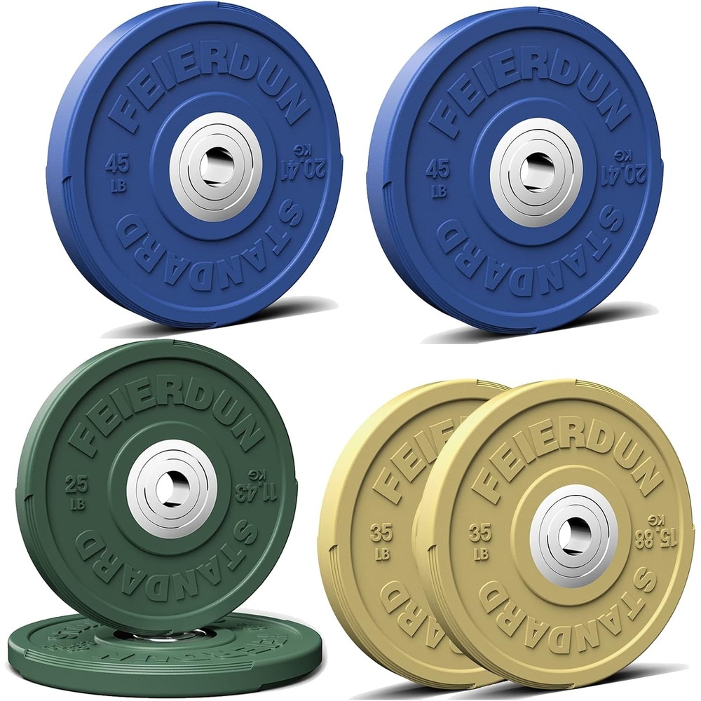 FEIERDUN Color Bumper Plate Set, 2-Inch Olympic Weight Plates, Low Bounce Rubber Barbell Plates with Stainless Steel Insert for Weightlifting, Strength Training, CrossFit & Home Gym, 10LB-370LB(N) 210LBS SET)