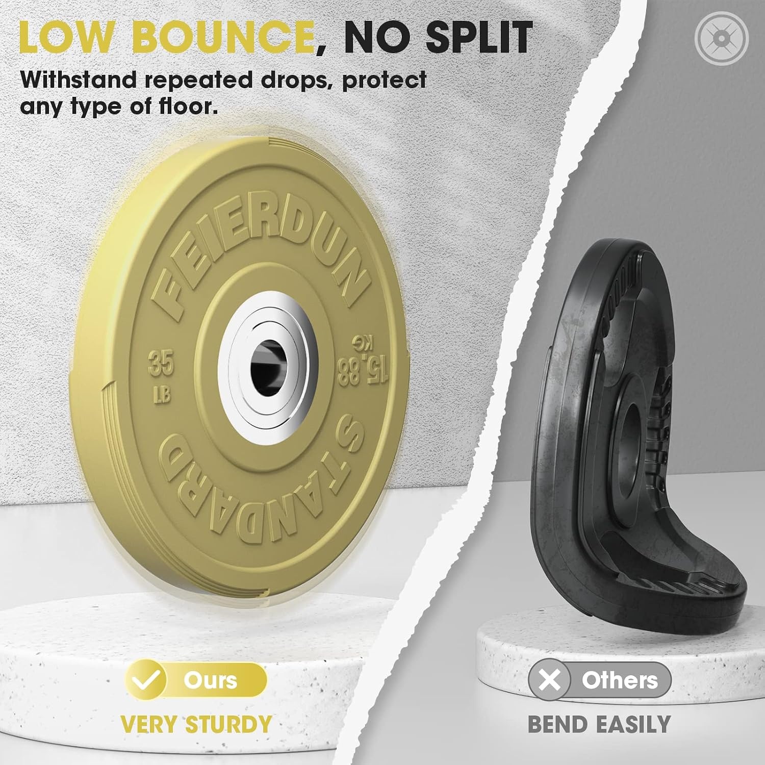 FEIERDUN Color Bumper Plate Set, 2-Inch Olympic Weight Plates, Low Bounce Rubber Barbell Plates with Stainless Steel Insert for Weightlifting, Strength Training, CrossFit & Home Gym, 10LB-370LB(N) 210LBS SET)