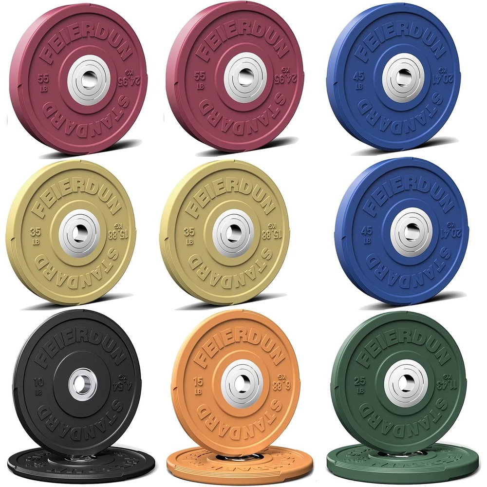FEIERDUN Color Bumper Plate Set, 2-Inch Olympic Weight Plates, Low Bounce Rubber Barbell Plates with Stainless Steel Insert for Weightlifting, Strength Training, CrossFit & Home Gym, 10LB-370LB(S) 370LBS SET)